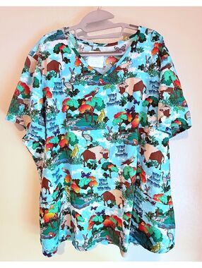 Cherokee Protect Our Wildlife Animals Blue Scrub Top 3XL